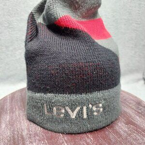Levis Mens Striped Knit Beanie Hat Gray/Red Acrylic Winter Warm Headwear 2 Hats